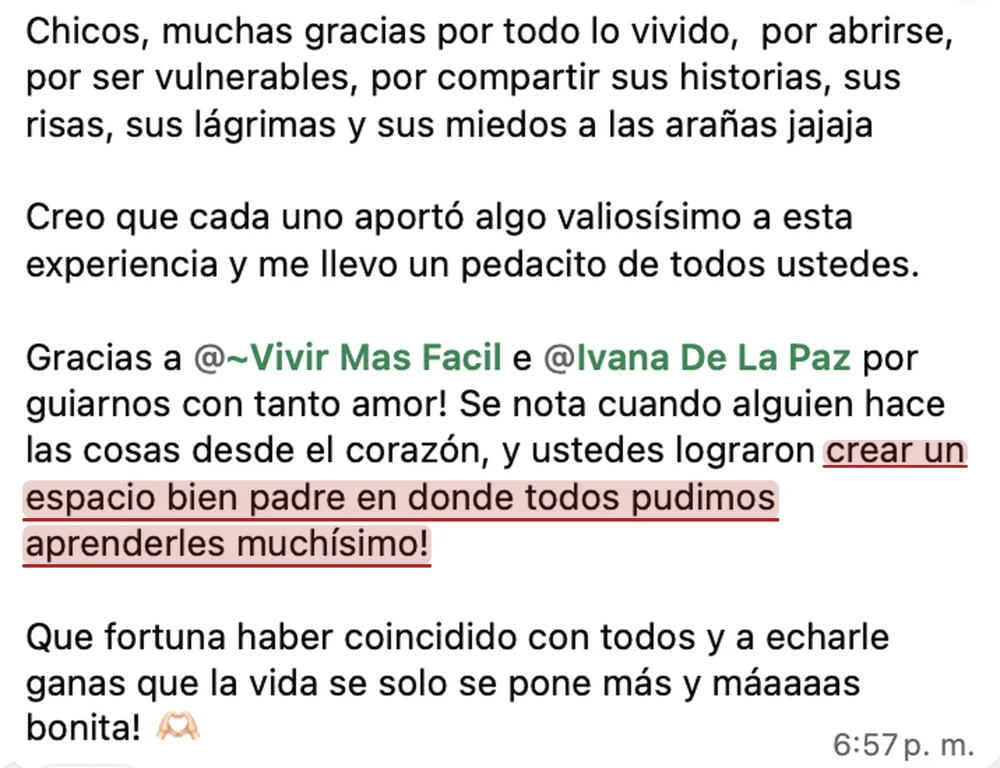 Mensaje de un participante: lograron crear un espacio bien padre donde todos pudimos aprender